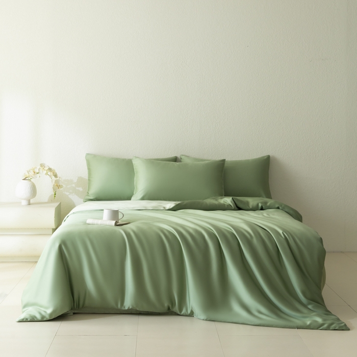 91家纺网 家纺一手货源 找家纺 禾时 2026新款60支奥地利兰精双拼纯色天丝四件套 香奈儿绿-嫩叶绿