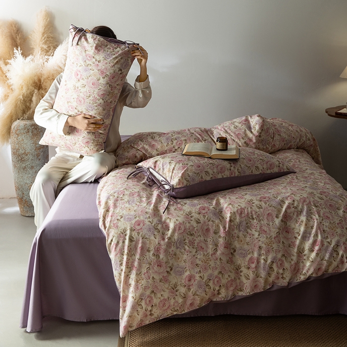 91家纺网 家纺一手货源 找家纺 若未家居 LOVEWE HOUSE 2026春夏新款全棉纯棉棉麻色织印花套件清茉系列四件套（控价 券后不低于298） 小荷