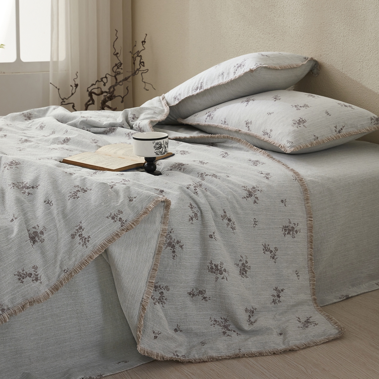 91家纺网 家纺一手货源 找家纺 网客家纺 2026新款提花色织麻夏被四件套 佳人绿