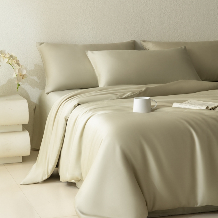 91家纺网 家纺一手货源 找家纺 禾时 2026新款60支奥地利兰精双拼纯色天丝四件套 烟轻绿