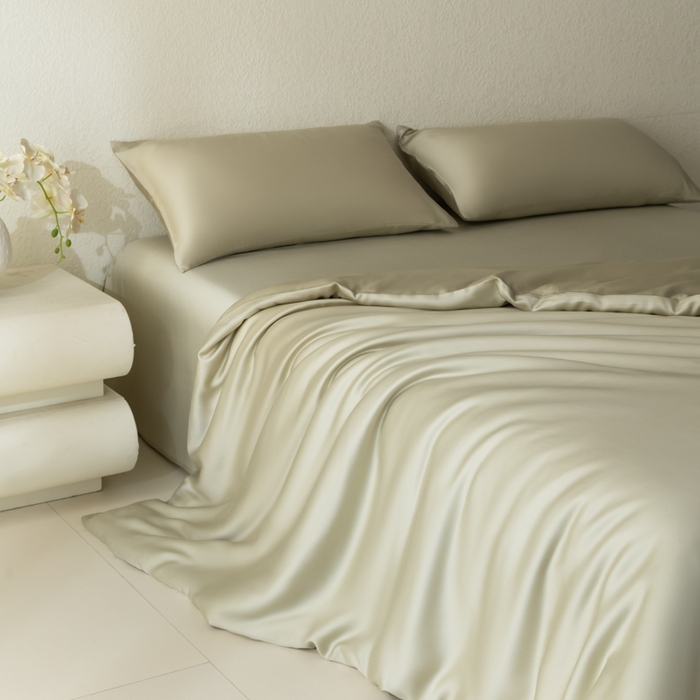 91家纺网 家纺一手货源 找家纺 禾时 2026新款60支奥地利兰精双拼纯色天丝四件套 烟轻绿