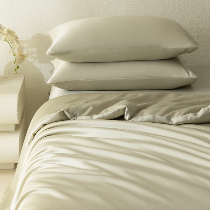 91家纺网 家纺一手货源 找家纺 禾时 2026新款60支奥地利兰精双拼纯色天丝四件套 烟轻绿