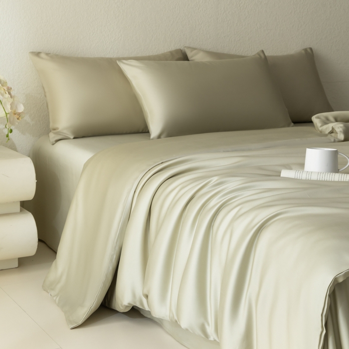 91家纺网 家纺一手货源 找家纺 禾时 2026新款60支奥地利兰精双拼纯色天丝四件套 烟轻绿