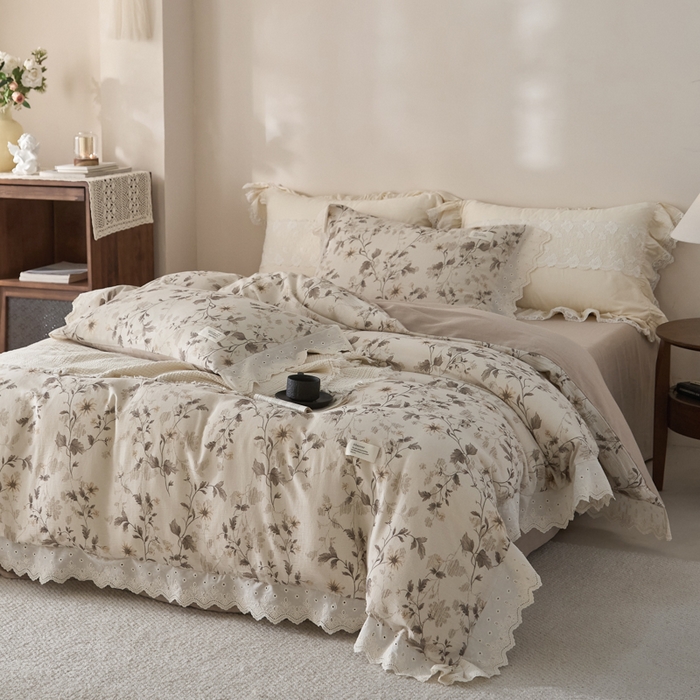 91家纺网 家纺一手货源 找家纺 大彩家居 2026春夏新款棉麻印花四件套 藤蔓光影