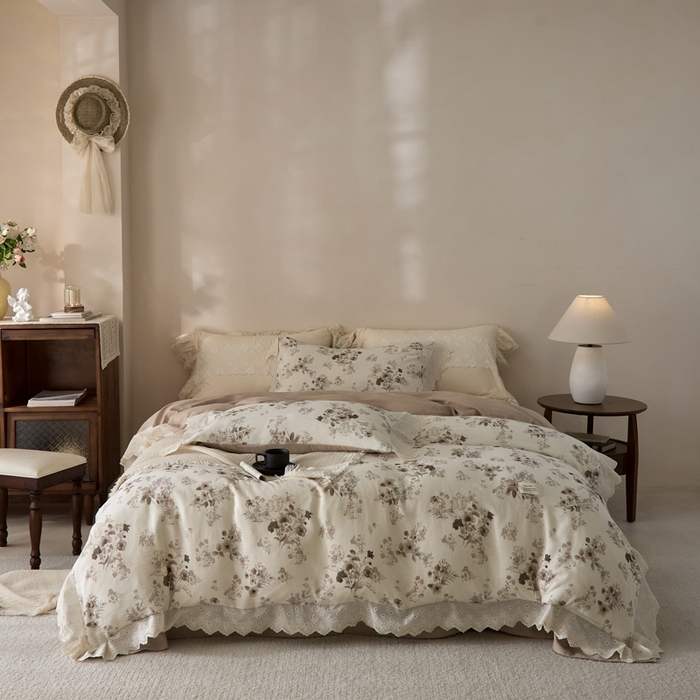 91家纺网 家纺一手货源 找家纺 大彩家居 2026春夏新款棉麻印花四件套 浅秋印象