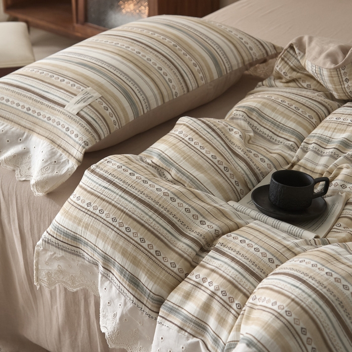 91家纺网 家纺一手货源 找家纺 大彩家居 2026春夏新款棉麻印花四件套 摩洛哥诗篇