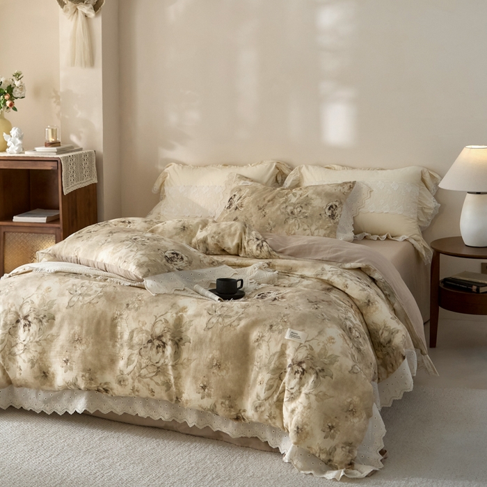 91家纺网 家纺一手货源 找家纺 大彩家居 2026春夏新款棉麻印花四件套 荒野玫瑰