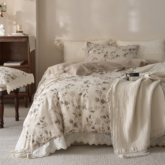 91家纺网 家纺一手货源 找家纺 大彩家居 2026春夏新款棉麻印花四件套 藤蔓光影