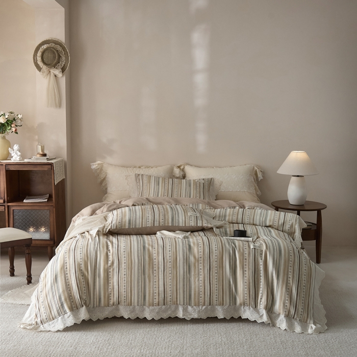 91家纺网 家纺一手货源 找家纺 大彩家居 2026春夏新款棉麻印花四件套 摩洛哥诗篇