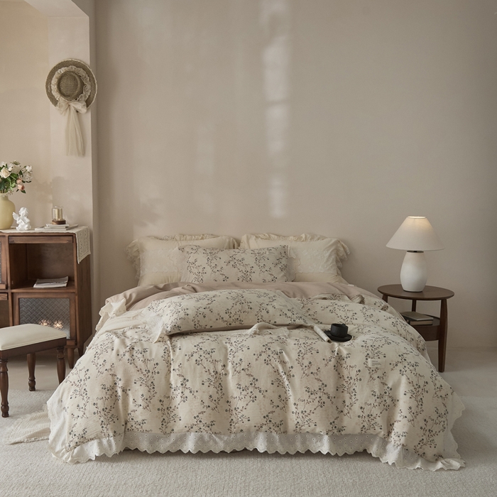 91家纺网 家纺一手货源 找家纺 大彩家居 2026春夏新款棉麻印花四件套 微风草语