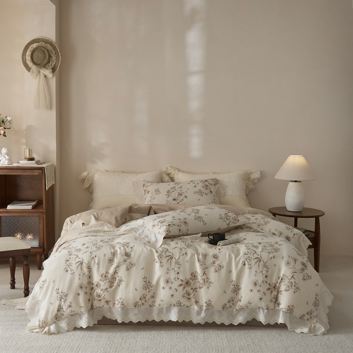 91家纺网 家纺一手货源 找家纺 大彩家居 2026春夏新款棉麻印花四件套 林间拾遗