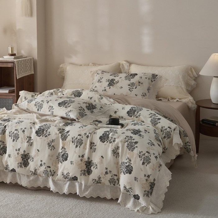 91家纺网 家纺一手货源 找家纺 大彩家居 2026春夏新款棉麻印花四件套 午后庄园