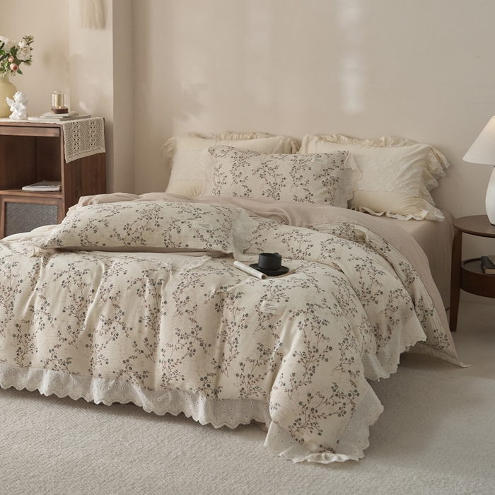 91家纺网 家纺一手货源 找家纺 大彩家居 2026春夏新款棉麻印花四件套 微风草语