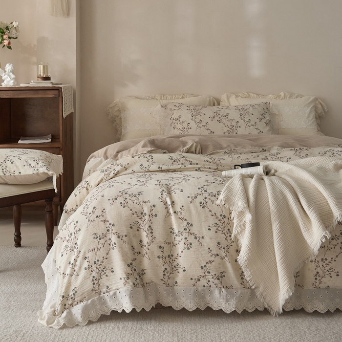 91家纺网 家纺一手货源 找家纺 大彩家居 2026春夏新款棉麻印花四件套 微风草语