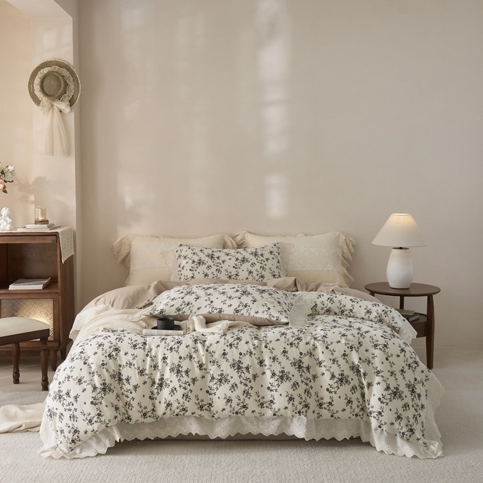 91家纺网 家纺一手货源 找家纺 大彩家居 2026春夏新款棉麻印花四件套 墨色丁香