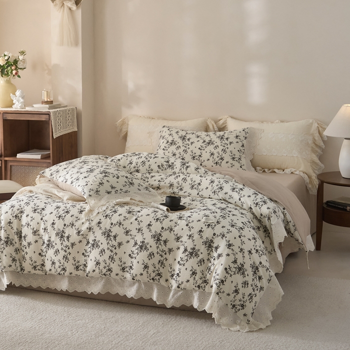 91家纺网 家纺一手货源 找家纺 大彩家居 2026春夏新款棉麻印花四件套 墨色丁香