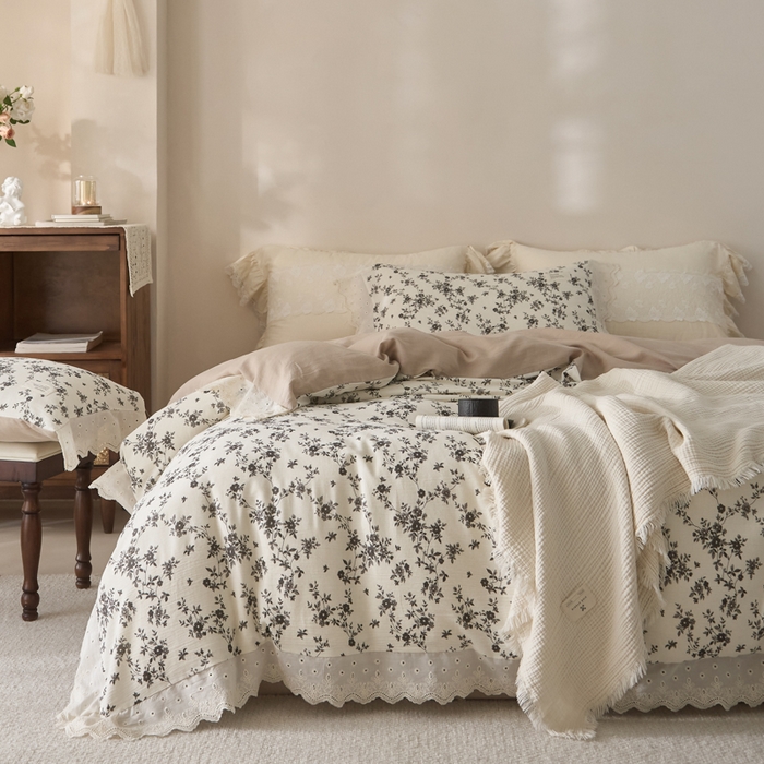 91家纺网 家纺一手货源 找家纺 大彩家居 2026春夏新款棉麻印花四件套 墨色丁香