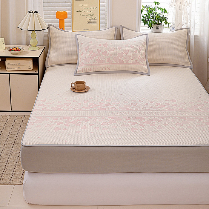 91家纺网 家纺一手货源 找家纺 富馨莱 2026新款PE乙纶高克重冰豆豆席凉感凉席单件席子床笠款支持一件定做尺寸学生宿舍 爱意满满-粉