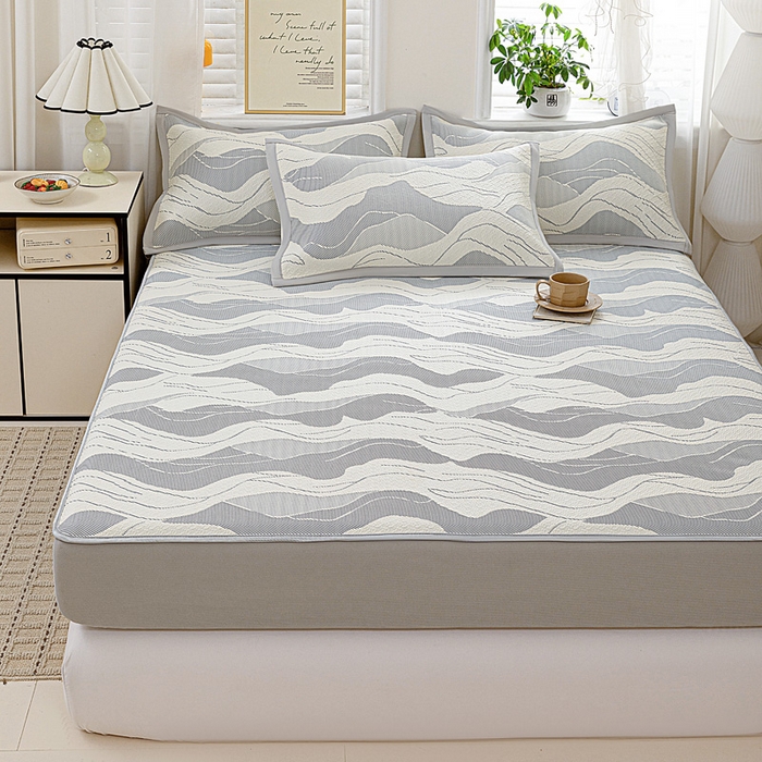 91家纺网 家纺一手货源 找家纺 富馨莱 2026新款PE乙纶高克重冰豆豆席凉感凉席单件席子床笠款支持一件定做尺寸学生宿舍 波纹-蓝灰