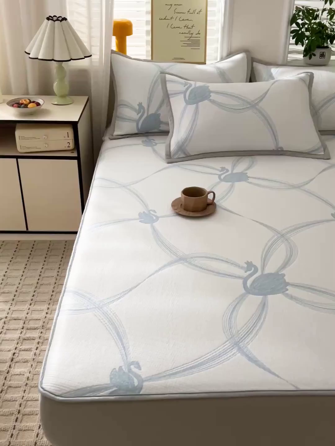 91家纺网 家纺一手货源 找家纺 富馨莱 2026新款PE乙纶高克重冰豆豆席凉感凉席单件席子床笠款支持一件定做尺寸学生宿舍 天鹅-蓝