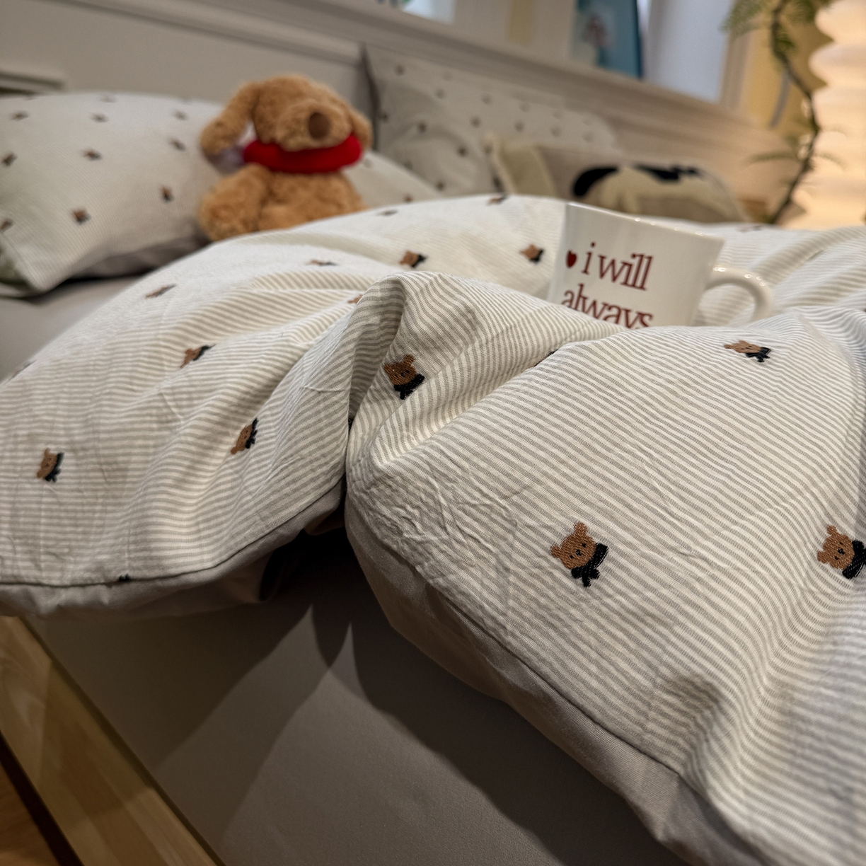 怡家居 2026春夏新款全棉纯棉水洗棉提花四件套 小灰熊