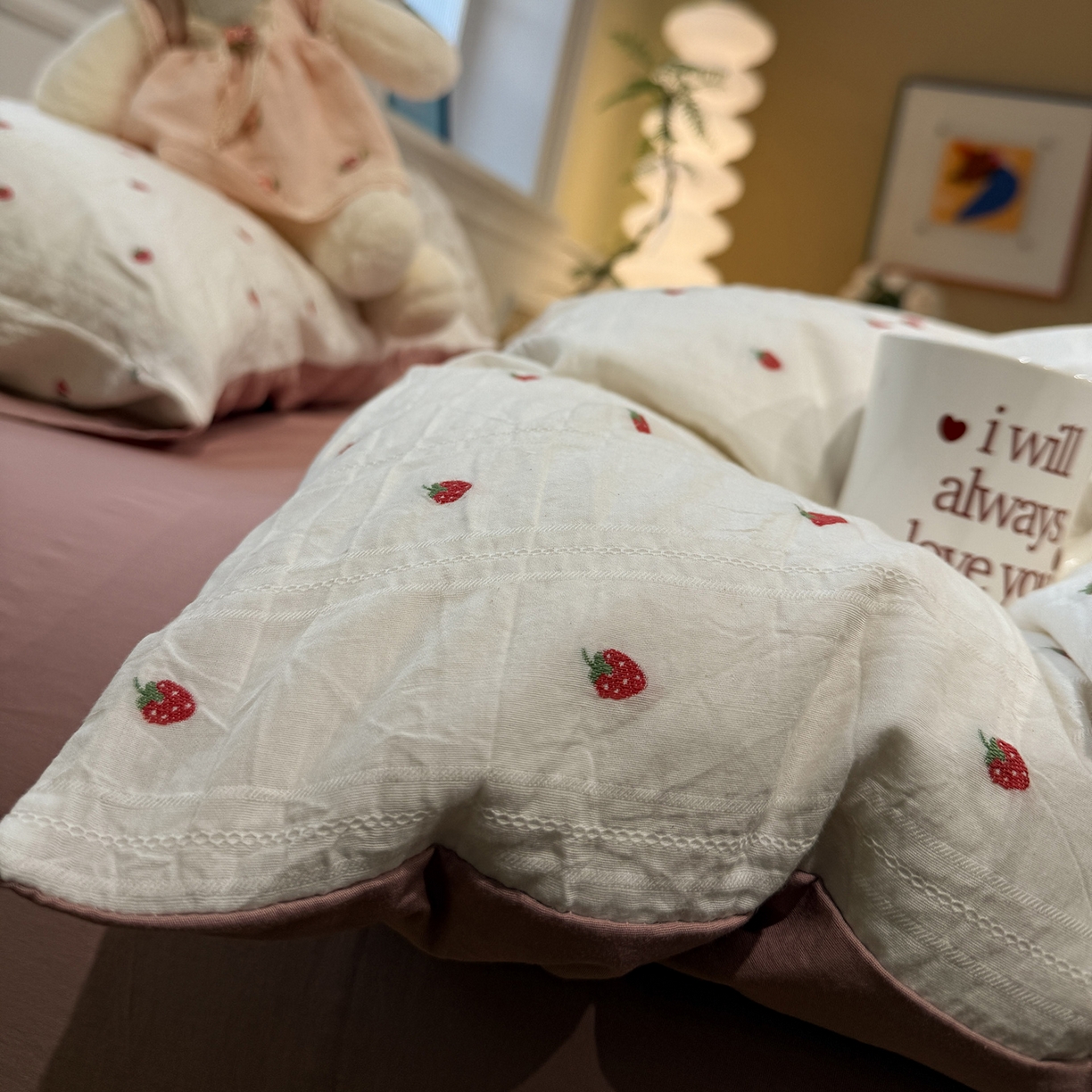 怡家居 2026春夏新款全棉纯棉水洗棉提花四件套 小草莓