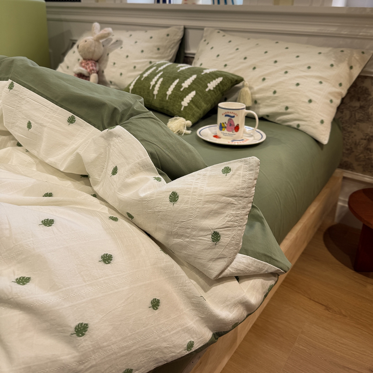 91家纺网 家纺一手货源 找家纺 怡家居 2026春夏新款全棉纯棉水洗棉提花四件套 小绿叶