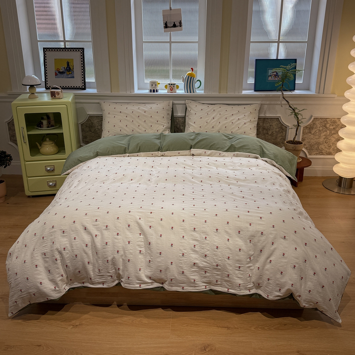 91家纺网 家纺一手货源 找家纺 怡家居 2026春夏新款全棉纯棉水洗棉提花四件套 小红花