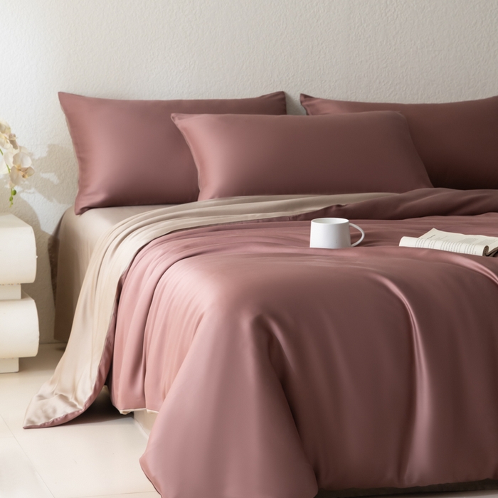 91家纺网 家纺一手货源 找家纺 禾时 2026新款60支奥地利兰精双拼纯色天丝四件套 野樱莓-芋泥灰