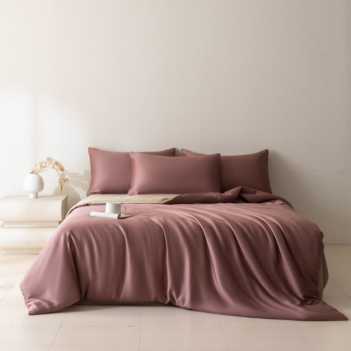 91家纺网 家纺一手货源 找家纺 禾时 2026新款60支奥地利兰精双拼纯色天丝四件套 野樱莓-芋泥灰