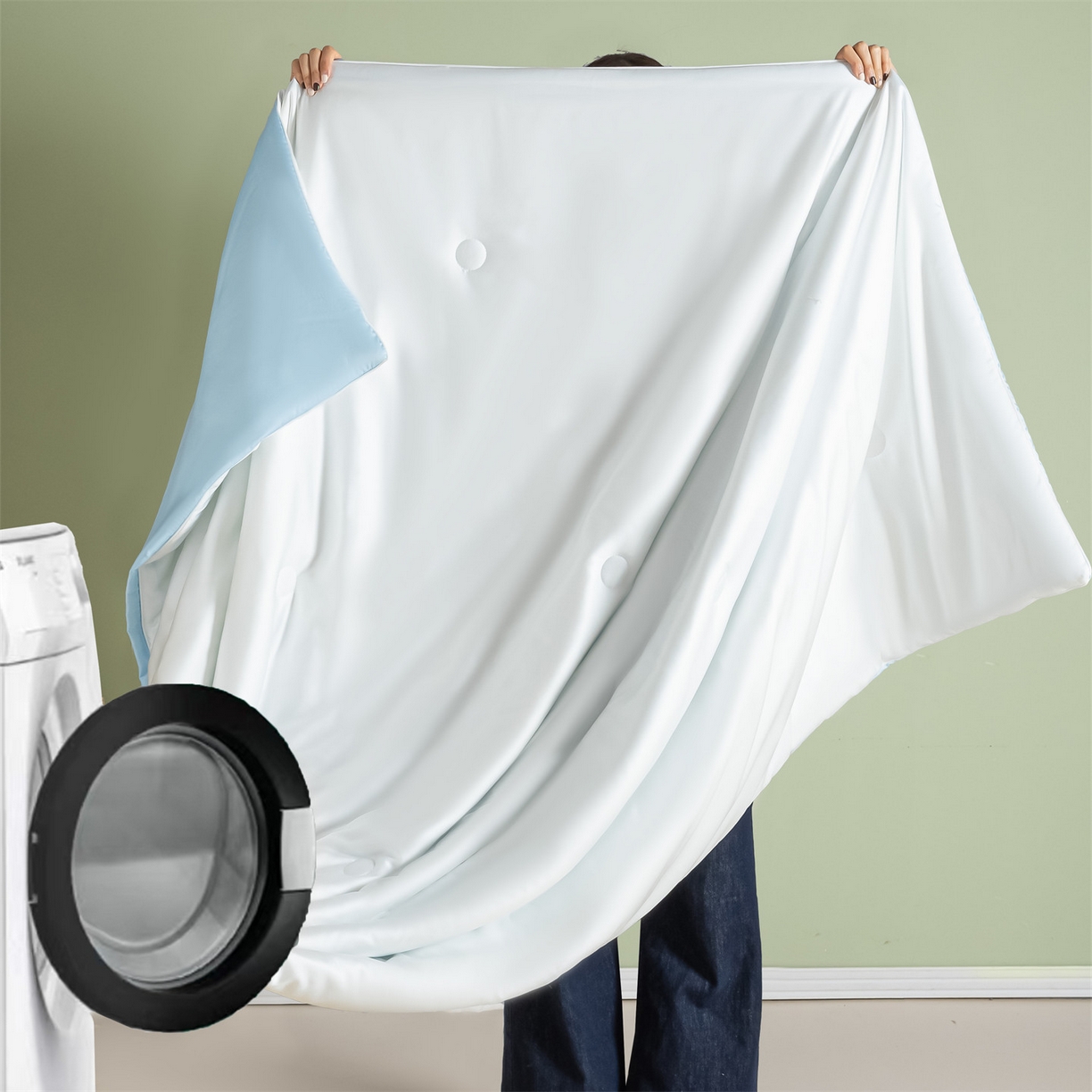 91家纺网 家纺一手货源 找家纺 美澳家纺 2026春夏新款凉感水洗冰丝真丝双拼夏被夏凉被四件套 双拼-贵族白+天空蓝