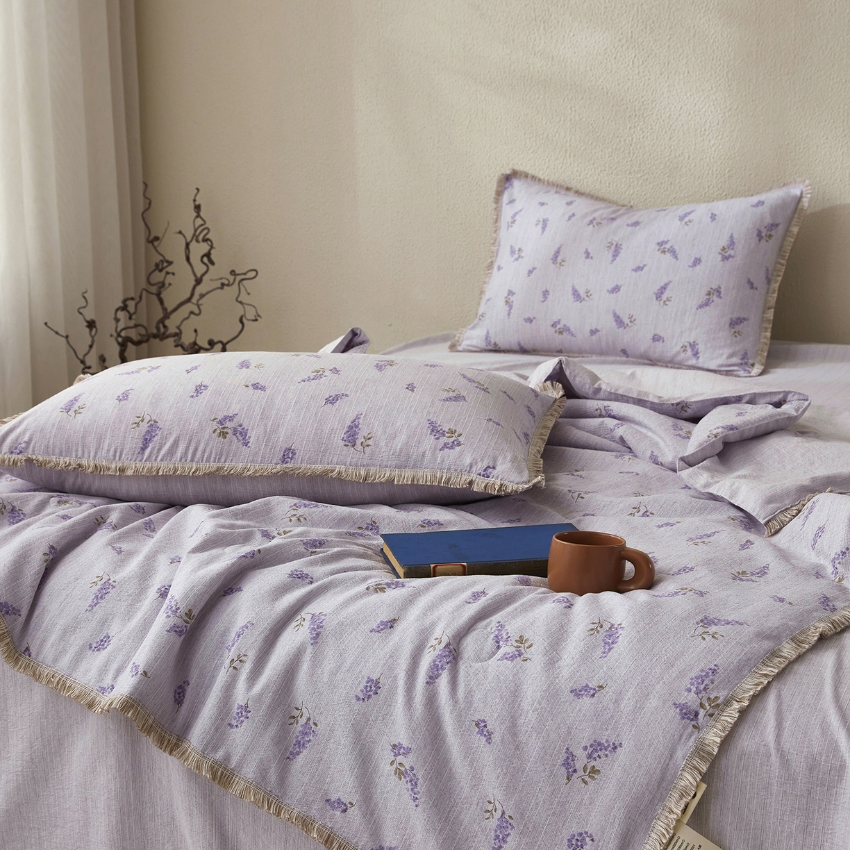 91家纺网 家纺一手货源 找家纺 网客家纺 2026新款提花色织麻夏被四件套 薰衣草紫