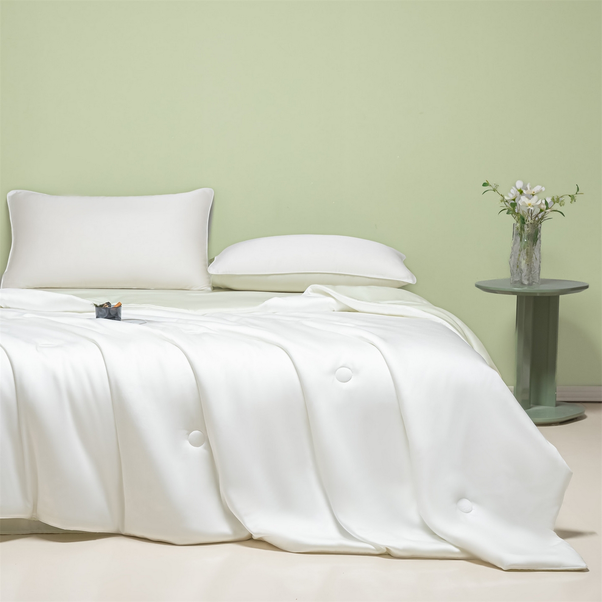 91家纺网 家纺一手货源 找家纺 美澳家纺 2026春夏新款凉感水洗冰丝真丝双拼夏被夏凉被四件套 双拼-贵族白+水果清香