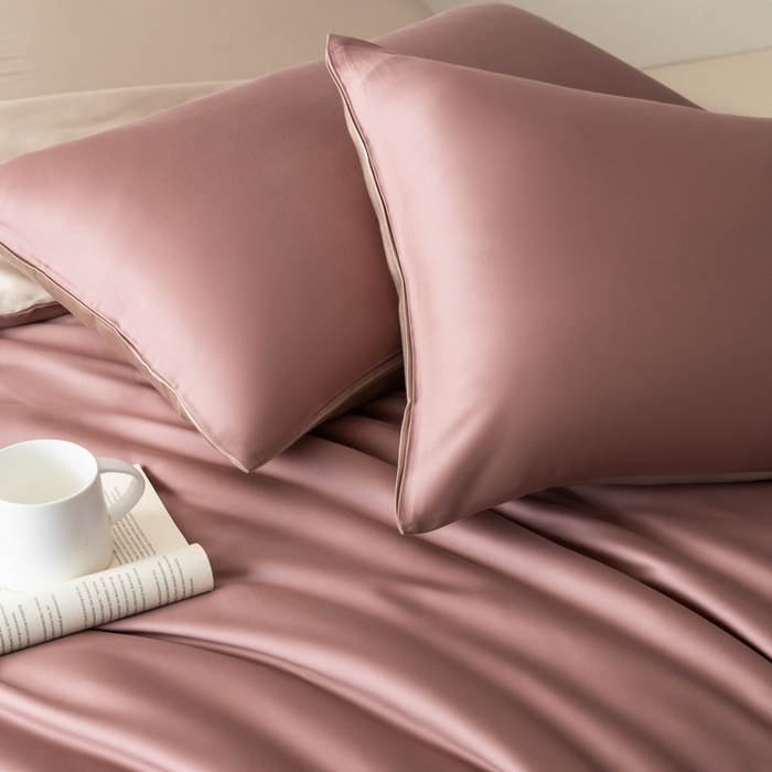 91家纺网 家纺一手货源 找家纺 禾时 2026新款60支奥地利兰精双拼纯色天丝四件套 野樱莓-芋泥灰