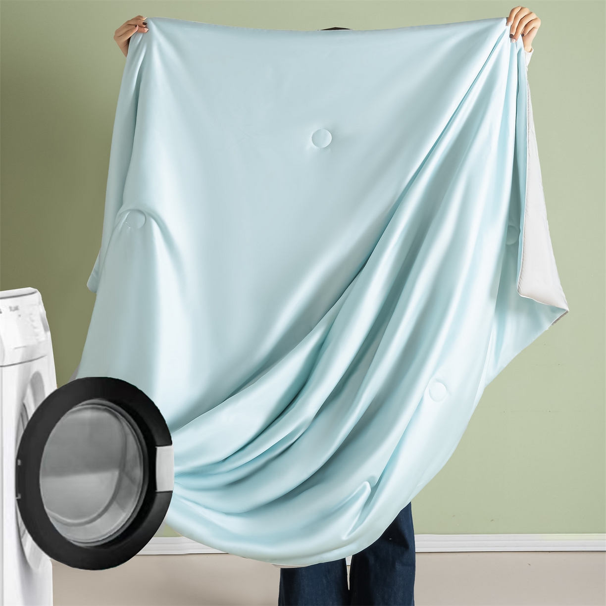 91家纺网 家纺一手货源 找家纺 美澳家纺 2026春夏新款凉感水洗冰丝真丝双拼夏被夏凉被四件套 双拼-海盐兰+香草灰