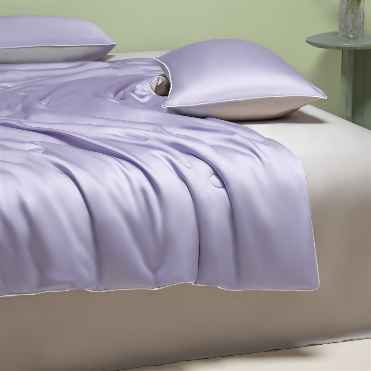 91家纺网 家纺一手货源 找家纺 美澳家纺 2026春夏新款凉感水洗冰丝真丝双拼夏被夏凉被四件套 双拼-风信紫+香草灰