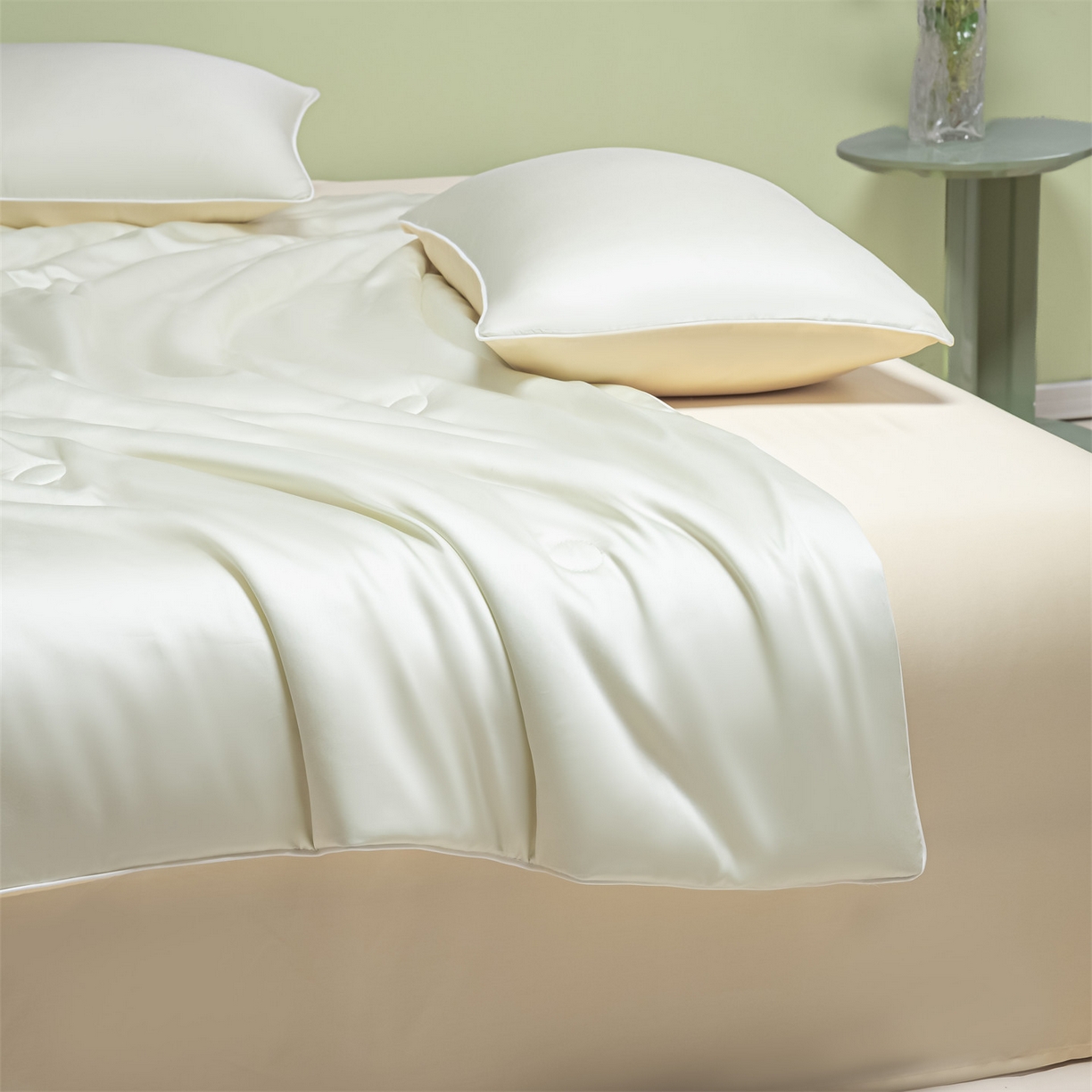 91家纺网 家纺一手货源 找家纺 美澳家纺 2026春夏新款凉感水洗冰丝真丝双拼夏被夏凉被四件套 双拼-优雅米+奶黄