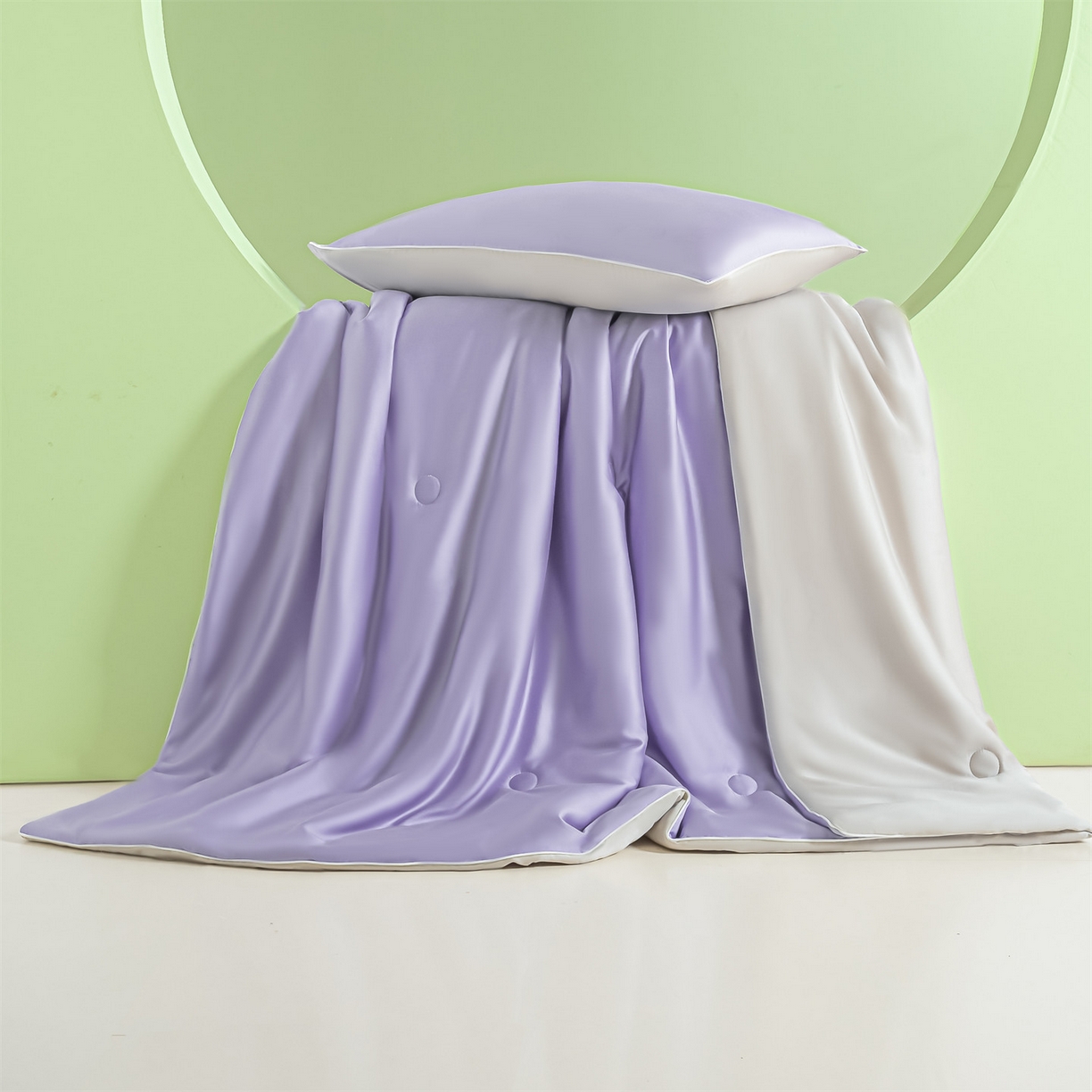 91家纺网 家纺一手货源 找家纺 美澳家纺 2026春夏新款凉感水洗冰丝真丝双拼夏被夏凉被四件套 双拼-风信紫+香草灰