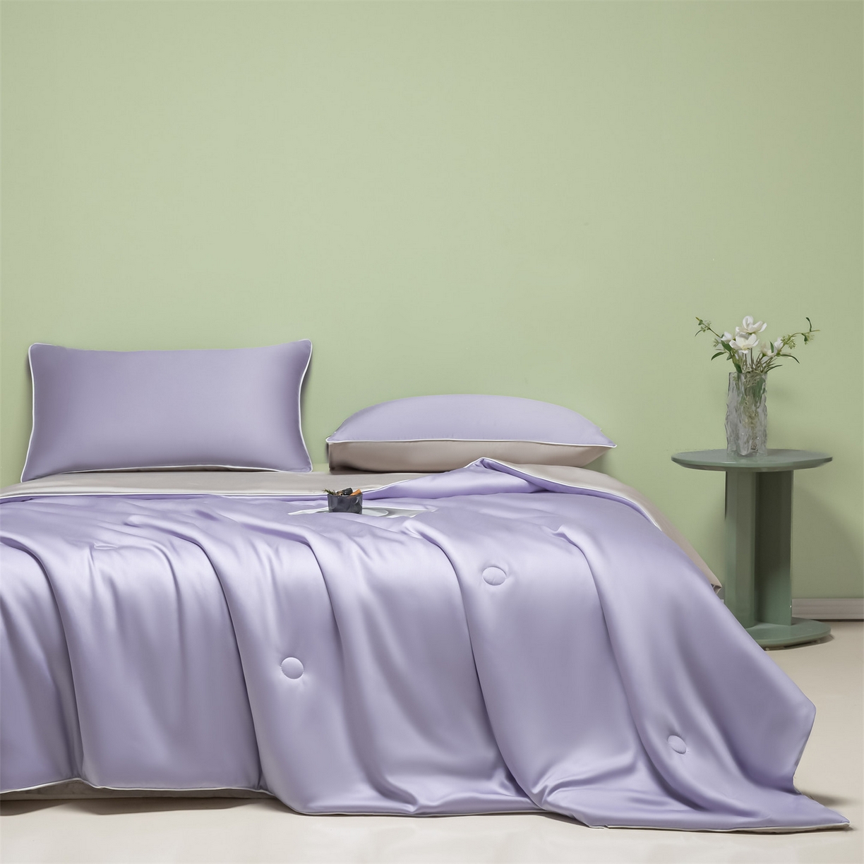 91家纺网 家纺一手货源 找家纺 美澳家纺 2026春夏新款凉感水洗冰丝真丝双拼夏被夏凉被四件套 双拼-风信紫+香草灰