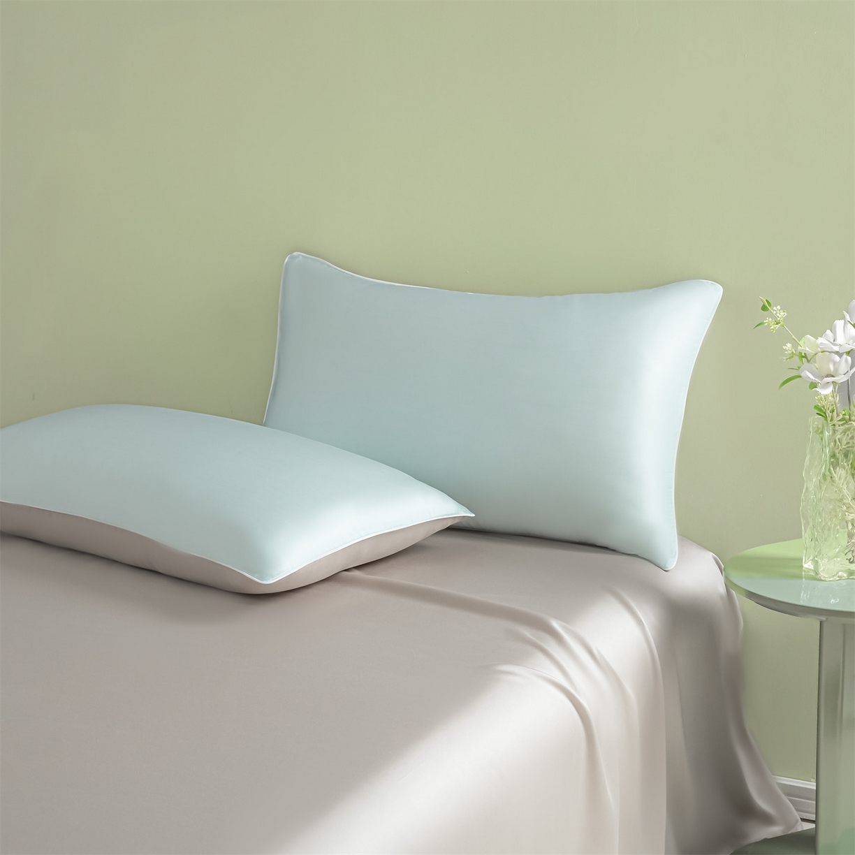 91家纺网 家纺一手货源 找家纺 美澳家纺 2026春夏新款凉感水洗冰丝真丝双拼夏被夏凉被四件套 双拼-海盐兰+香草灰