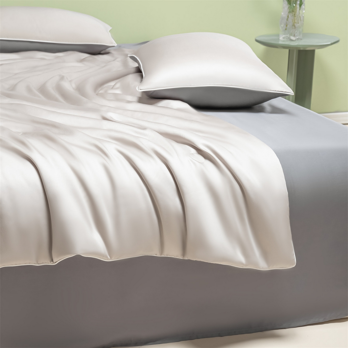 91家纺网 家纺一手货源 找家纺 美澳家纺 2026春夏新款凉感水洗冰丝真丝双拼夏被夏凉被四件套 双拼-椰子灰+经典灰