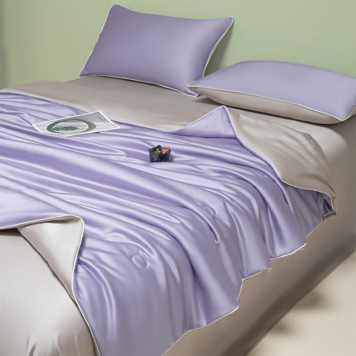 91家纺网 家纺一手货源 找家纺 美澳家纺 2026春夏新款凉感水洗冰丝真丝双拼夏被夏凉被四件套 双拼-风信紫+香草灰