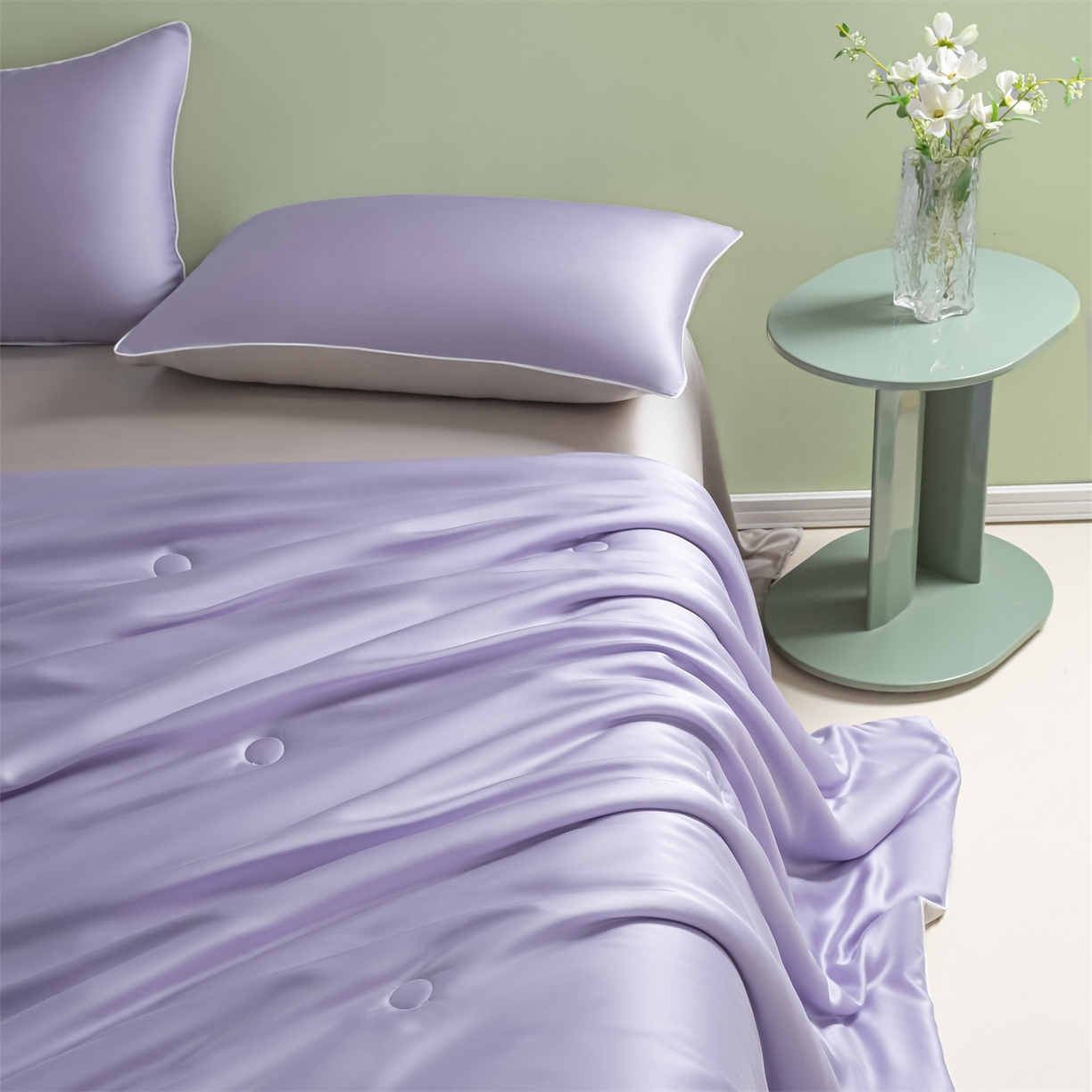 91家纺网 家纺一手货源 找家纺 美澳家纺 2026春夏新款凉感水洗冰丝真丝双拼夏被夏凉被四件套 双拼-风信紫+香草灰