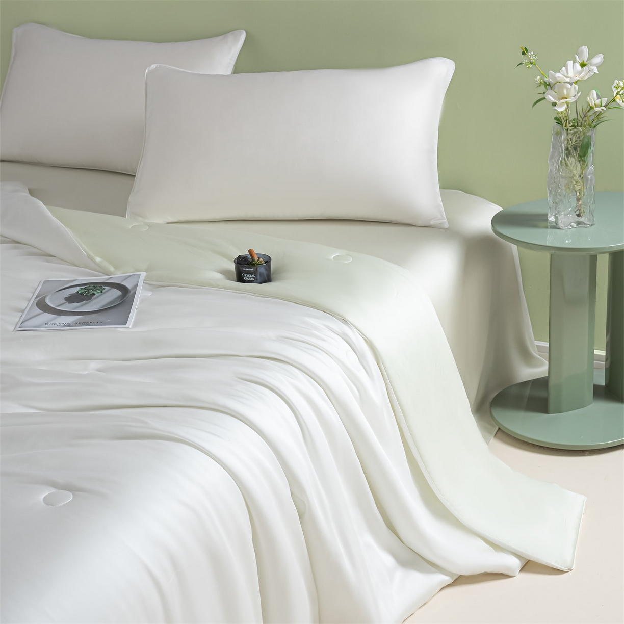 91家纺网 家纺一手货源 找家纺 美澳家纺 2026春夏新款凉感水洗冰丝真丝双拼夏被夏凉被四件套 双拼-贵族白+水果清香