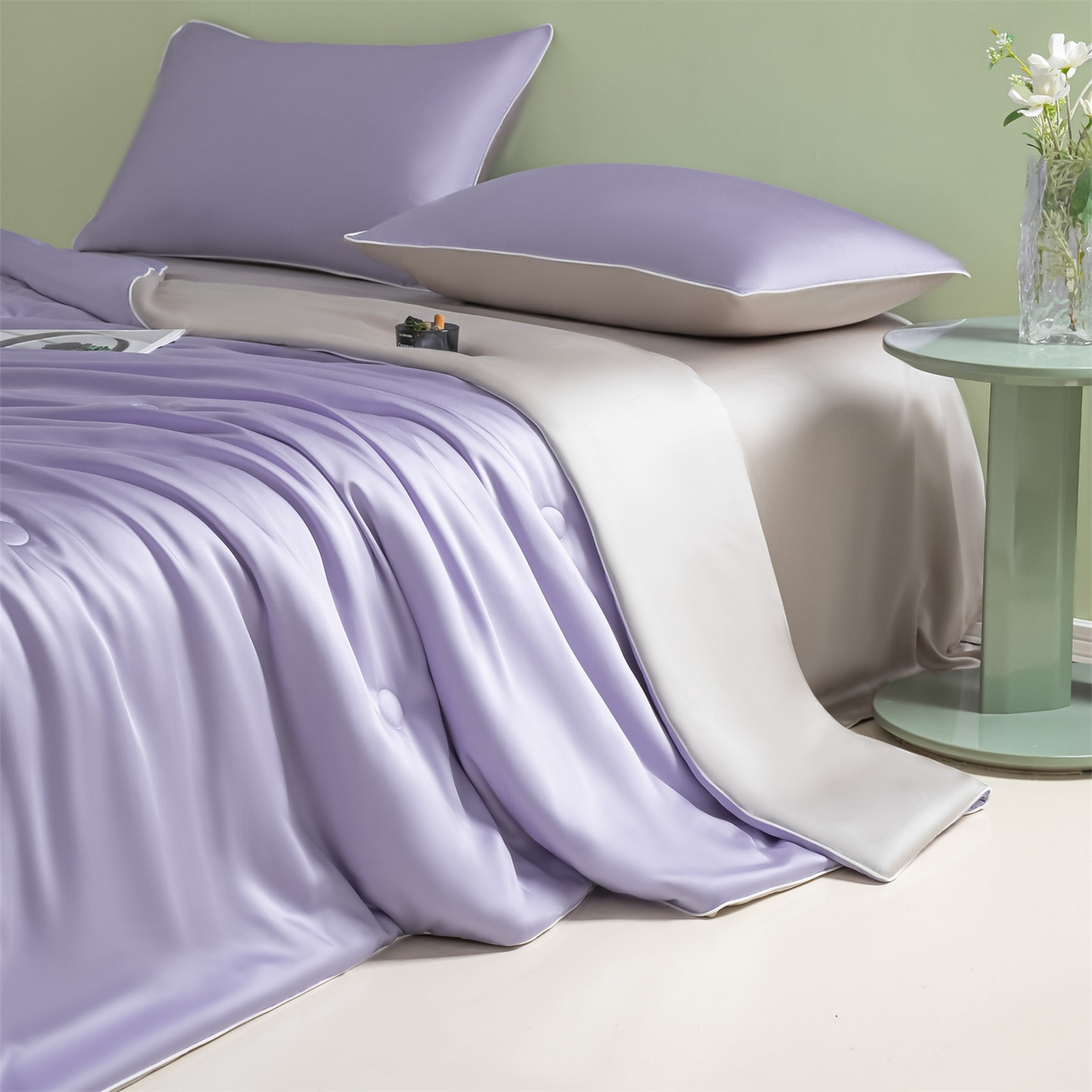 91家纺网 家纺一手货源 找家纺 美澳家纺 2026春夏新款凉感水洗冰丝真丝双拼夏被夏凉被四件套 双拼-风信紫+香草灰