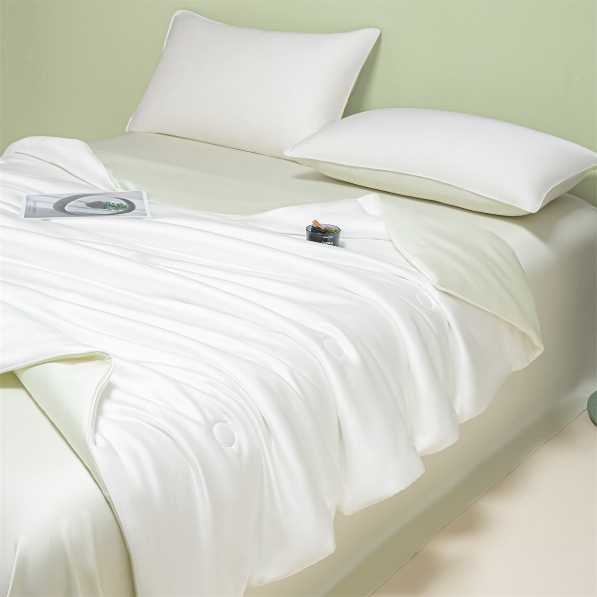 91家纺网 家纺一手货源 找家纺 美澳家纺 2026春夏新款凉感水洗冰丝真丝双拼夏被夏凉被四件套 双拼-贵族白+水果清香