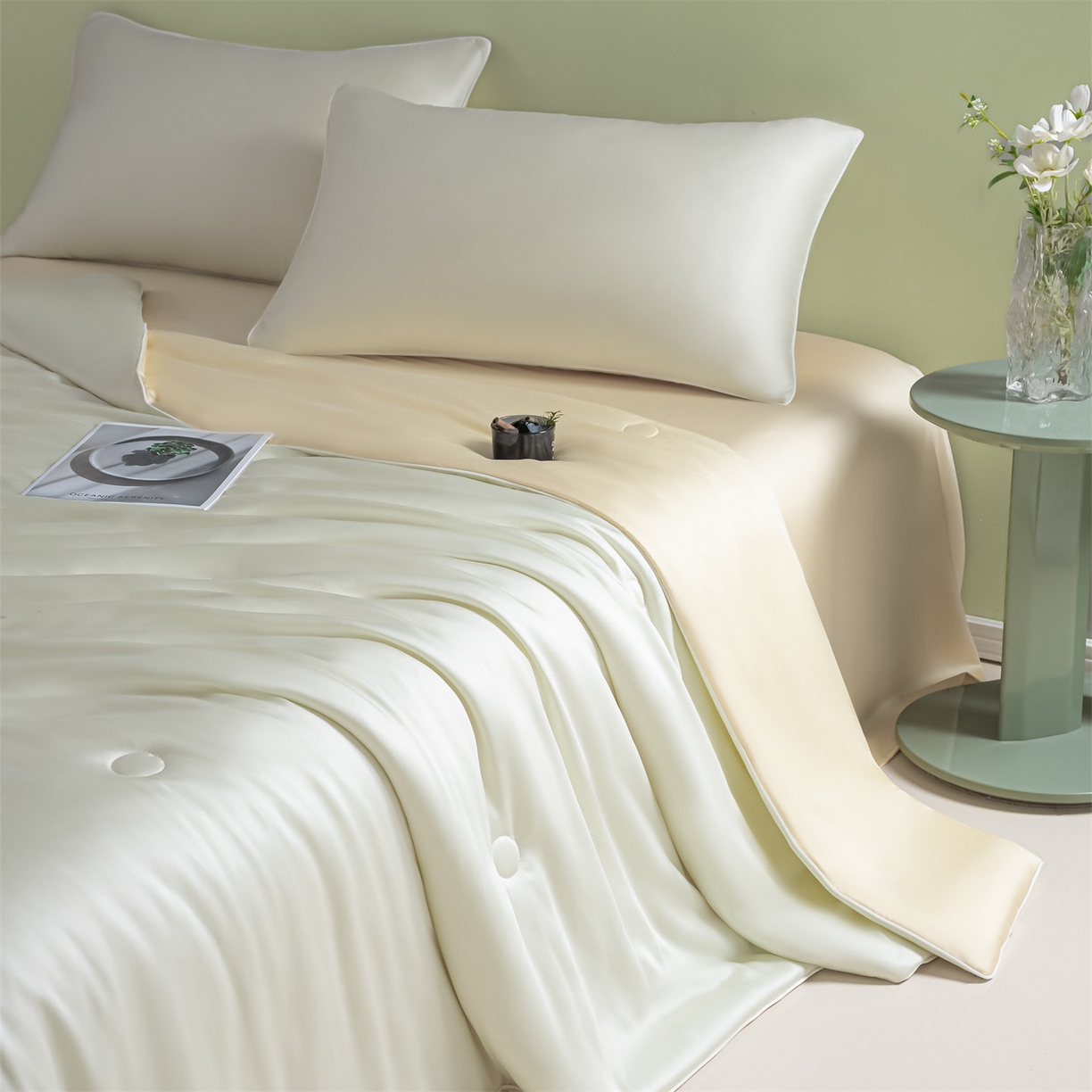 91家纺网 家纺一手货源 找家纺 美澳家纺 2026春夏新款凉感水洗冰丝真丝双拼夏被夏凉被四件套 双拼-优雅米+奶黄