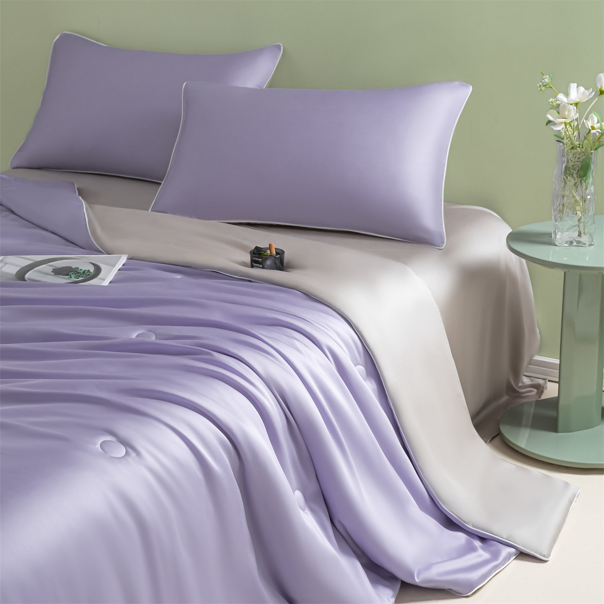 91家纺网 家纺一手货源 找家纺 美澳家纺 2026春夏新款凉感水洗冰丝真丝双拼夏被夏凉被四件套 双拼-风信紫+香草灰