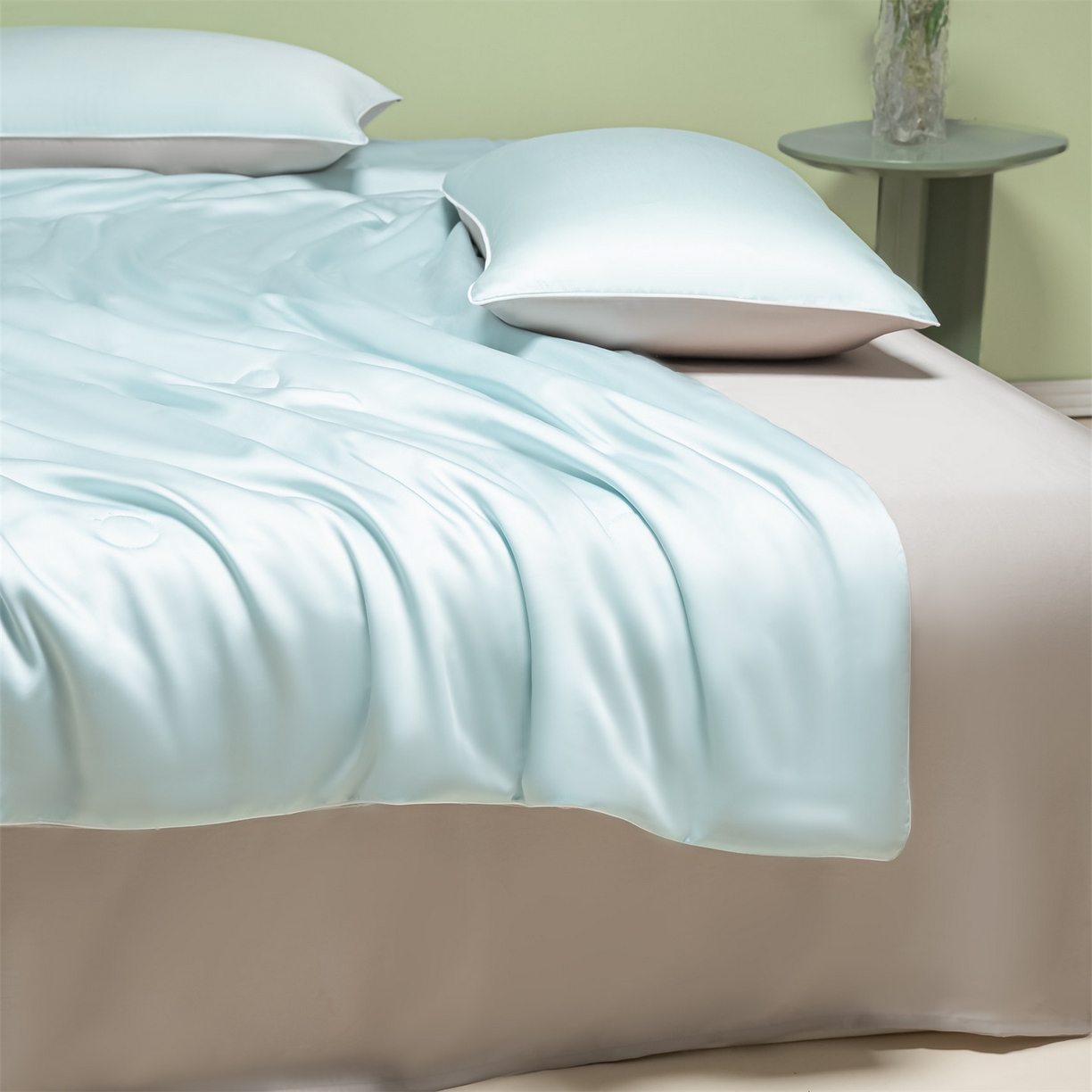 91家纺网 家纺一手货源 找家纺 美澳家纺 2026春夏新款凉感水洗冰丝真丝双拼夏被夏凉被四件套 双拼-海盐兰+香草灰