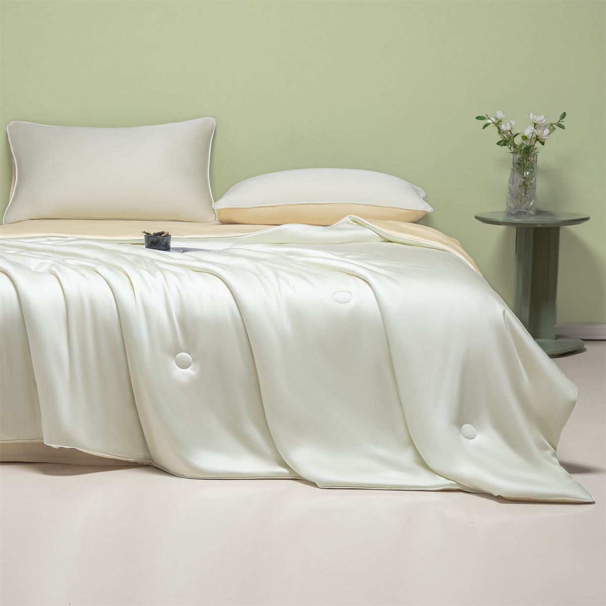 91家纺网 家纺一手货源 找家纺 美澳家纺 2026春夏新款凉感水洗冰丝真丝双拼夏被夏凉被四件套 双拼-优雅米+奶黄